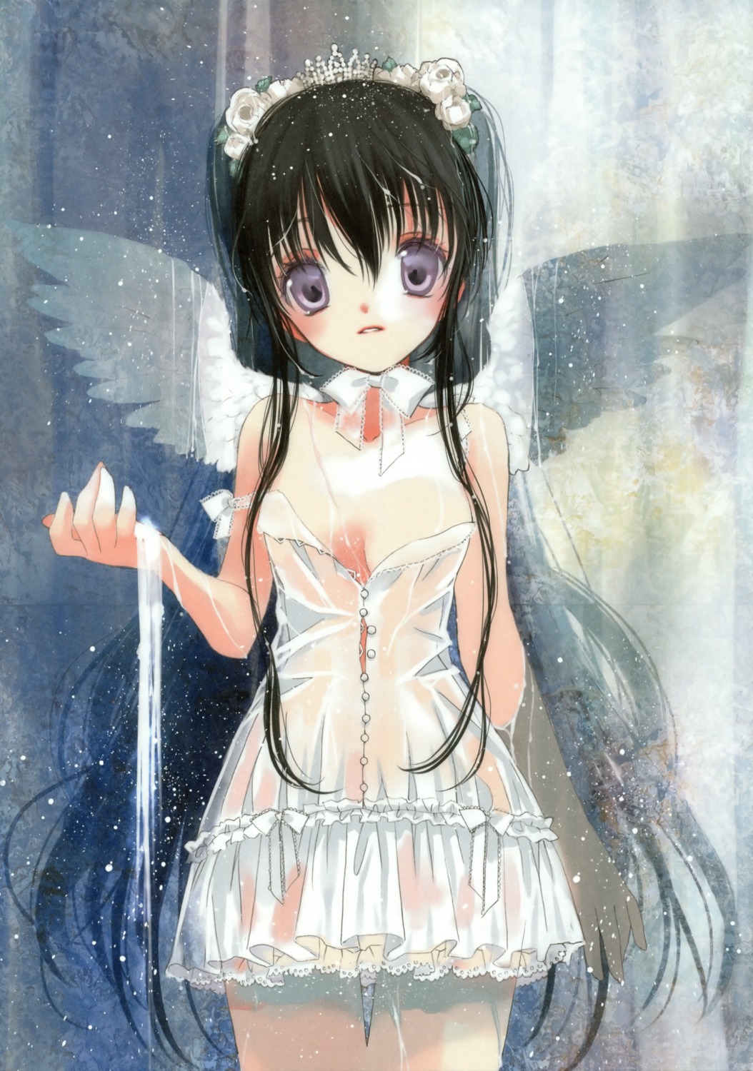 cleavage dress hato_no_tamago rami see_through wet_clothes wings
