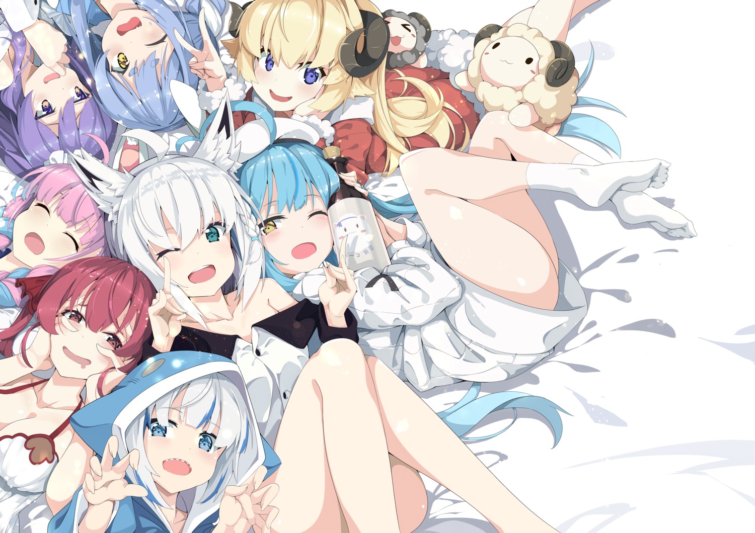 animal_ears ass cleavage feet gawr_gura hololive hololive_english hololive_gamers hololive_indonesia horns houshou_marine jie_laite kitsune minato_aqua moona_hoshinova no_bra open_shirt shirakami_fubuki skirt_lift tsunomaki_watame usada_pekora yukihana_lamy