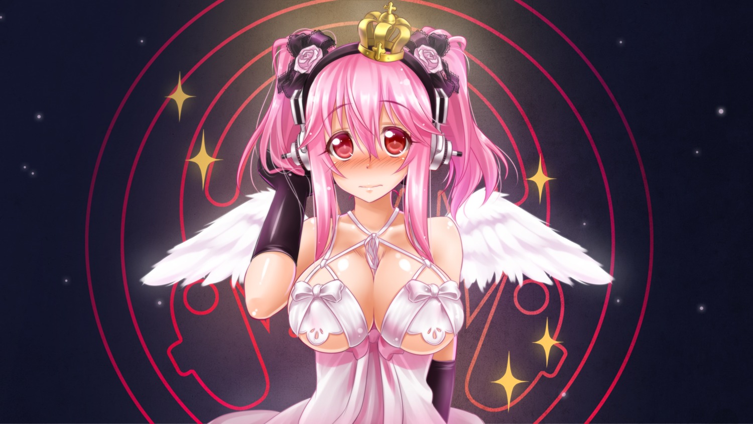 cleavage erect_nipples headphones okitakung sonico super_sonico wallpaper wings