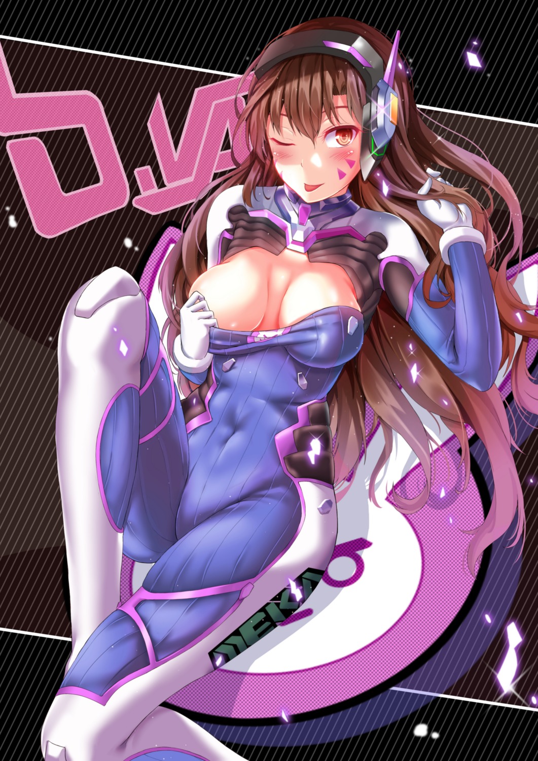 bodysuit cleavage d.va hasaya headphones no_bra open_shirt overwatch undressing