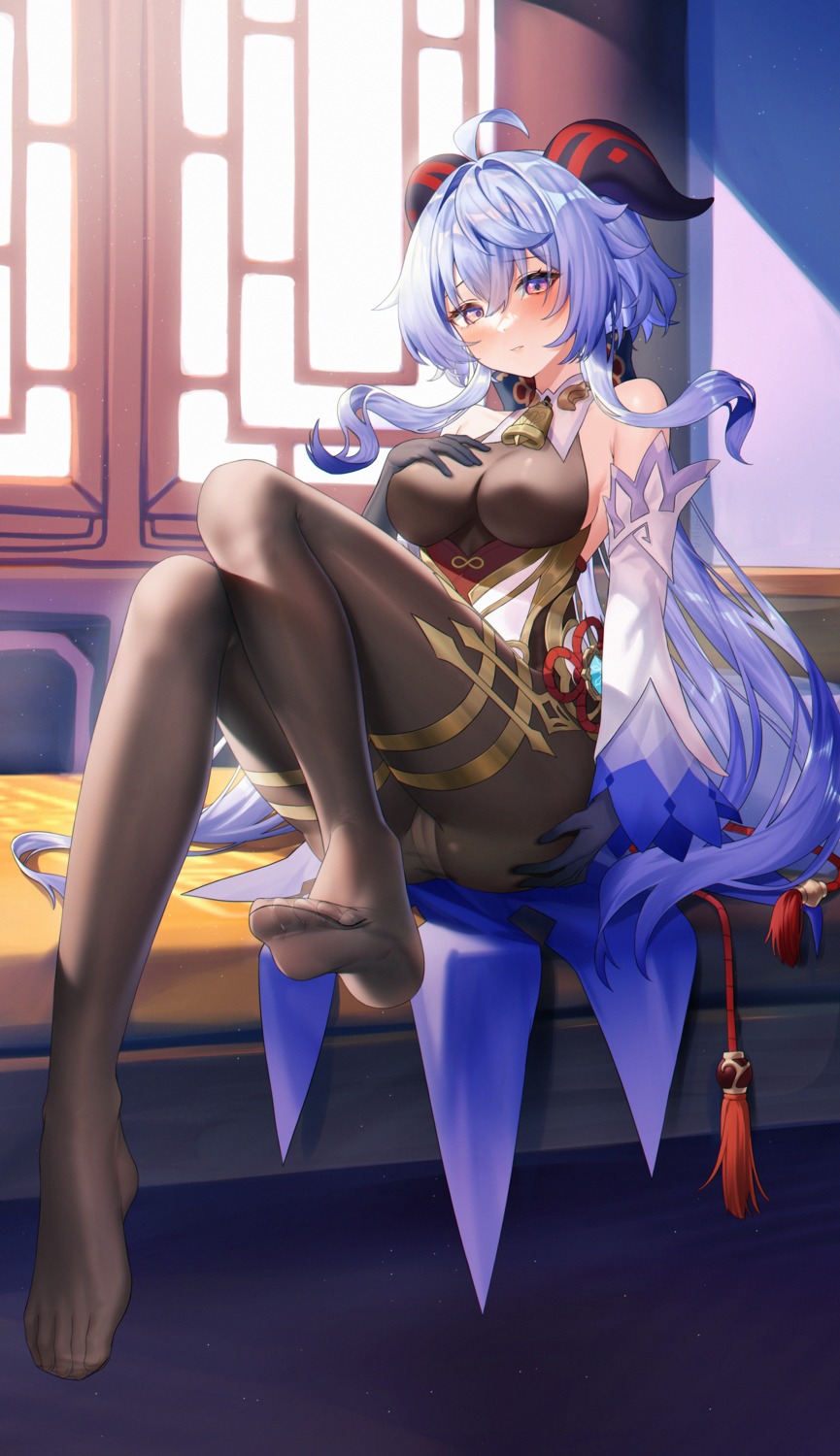 asian_clothes breast_hold cameltoe erect_nipples feet ganyu genshin_impact horns nekomi_erika pantsu pantyhose see_through