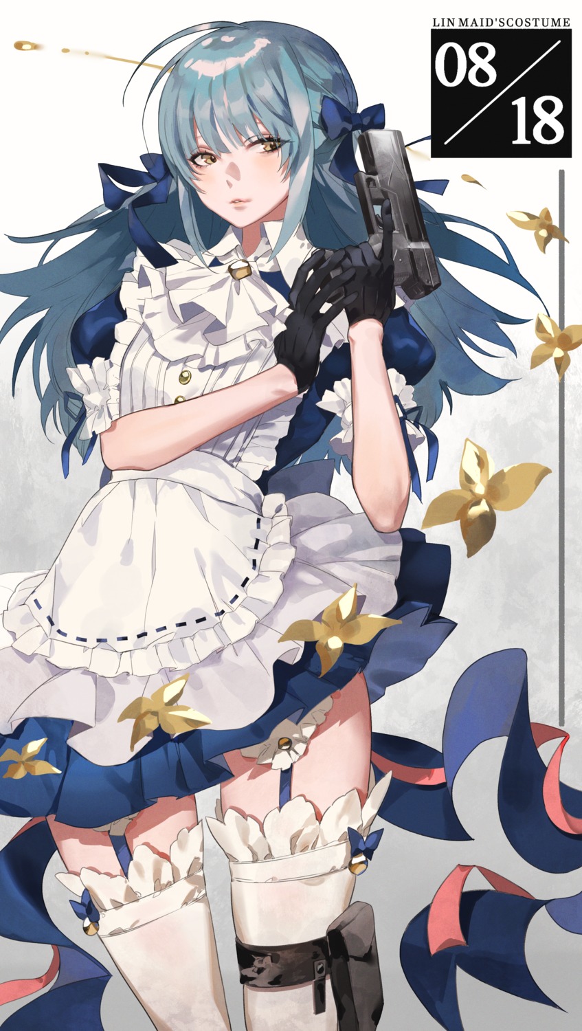 garter gun maid moko_(moko/moko) skirt_lift stockings thighhighs