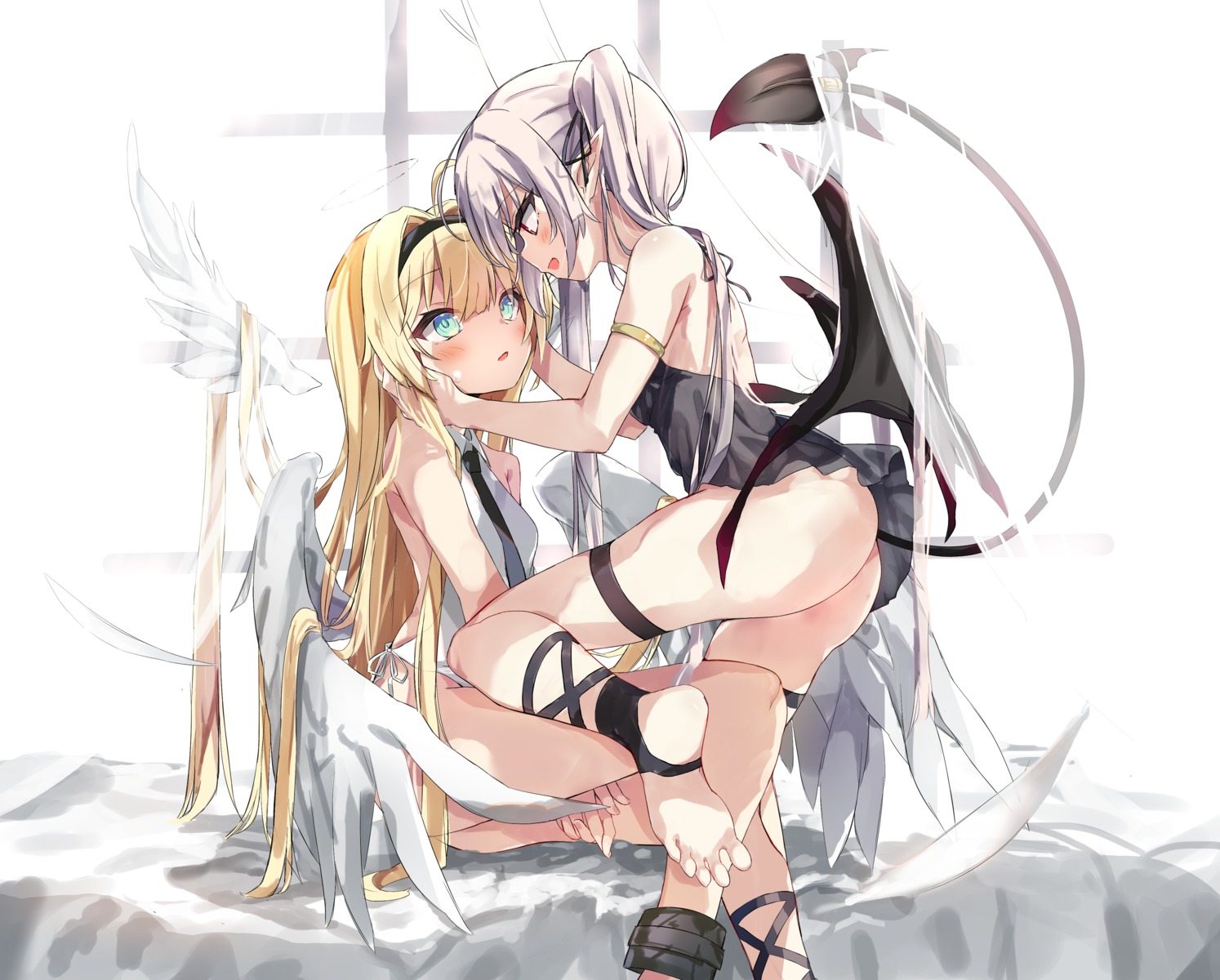 angel ass devil dress feet garter no_bra nopan pointy_ears skirt_lift tail toshizou_(0714) wings yuri