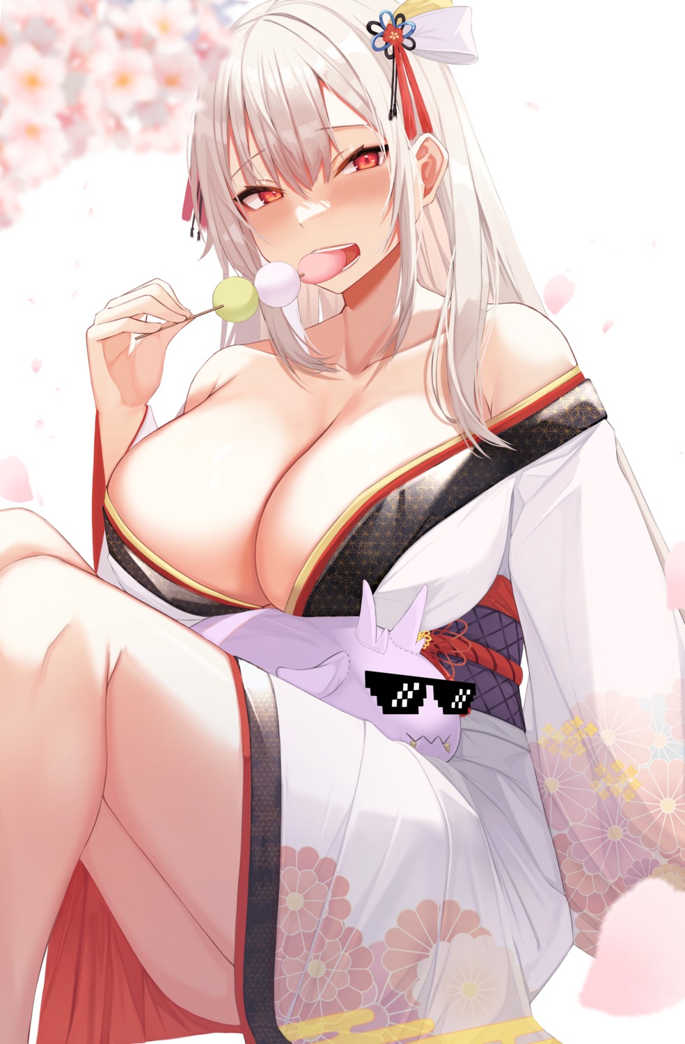 kazuha_(saku_kn) kimono no_bra open_shirt skirt_lift