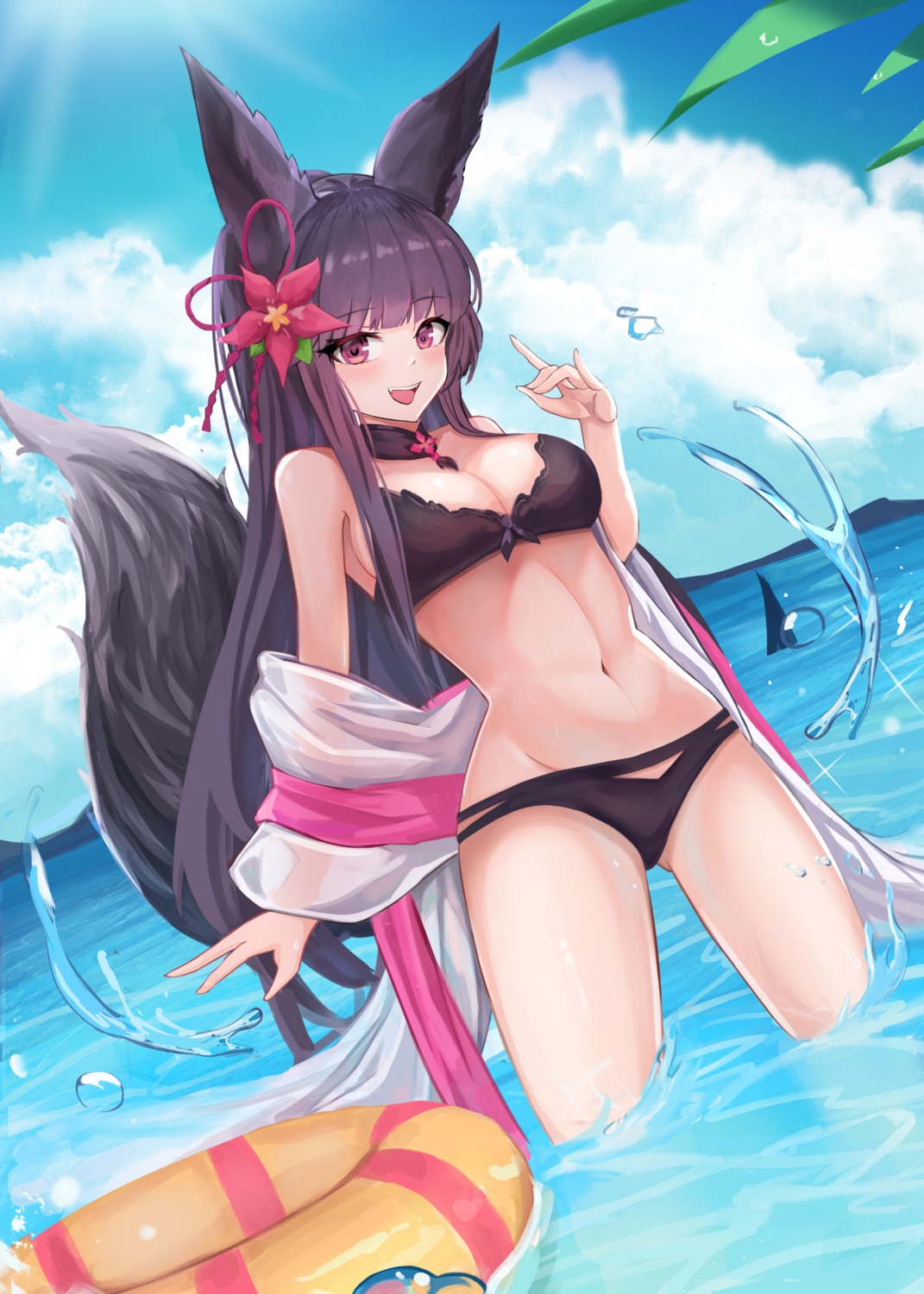 animal_ears bikini granblue_fantasy kaso_mi kitsune open_shirt see_through swimsuits tail wet yuel_(granblue_fantasy)