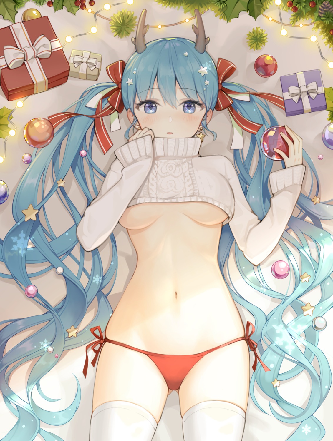 applebanny christmas hatsune_miku horns no_bra pantsu string_panties sweater thighhighs underboob vocaloid