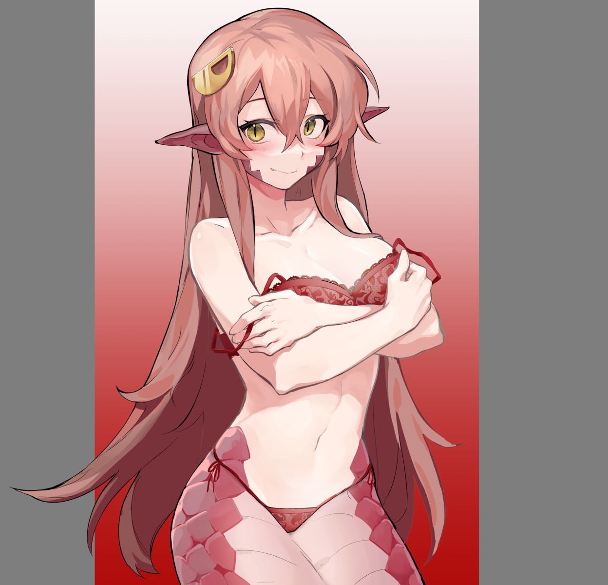 bra breast_hold khaos259 lingerie miia_(monster_musume) monster_girl monster_musume_no_iru_nichijou pantsu pointy_ears string_panties tail undressing