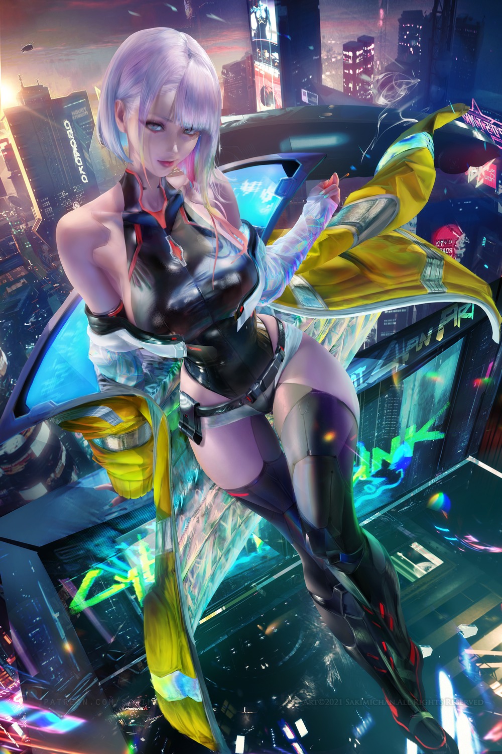 cyberpunk:_edgerunners cyberpunk_2077 leotard lucy_(cyberpunk) mecha_musume no_bra sakimichan see_through thighhighs