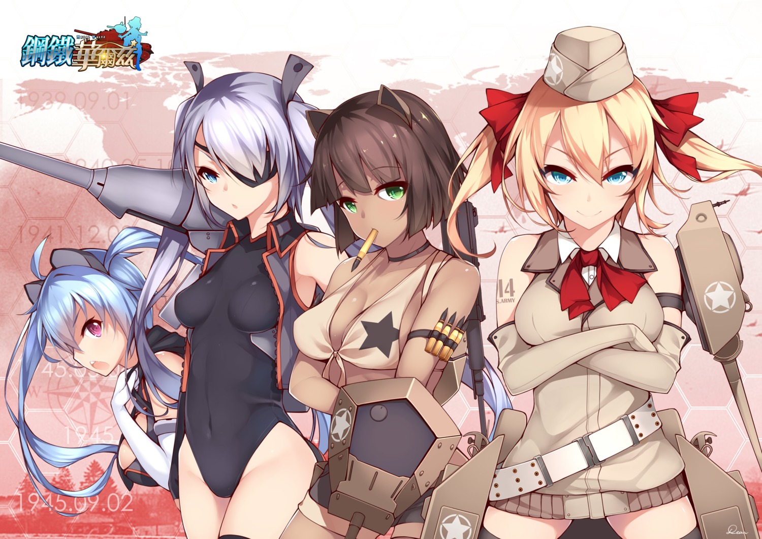 bikini_top cleavage dean eyepatch gun leotard open_shirt swimsuits tattoo thighhighs weapon