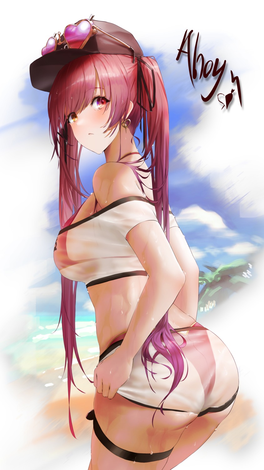 ass bikini garter heterochromia hololive houshou_marine megane see_through swimsuits thong wanne wet wet_clothes