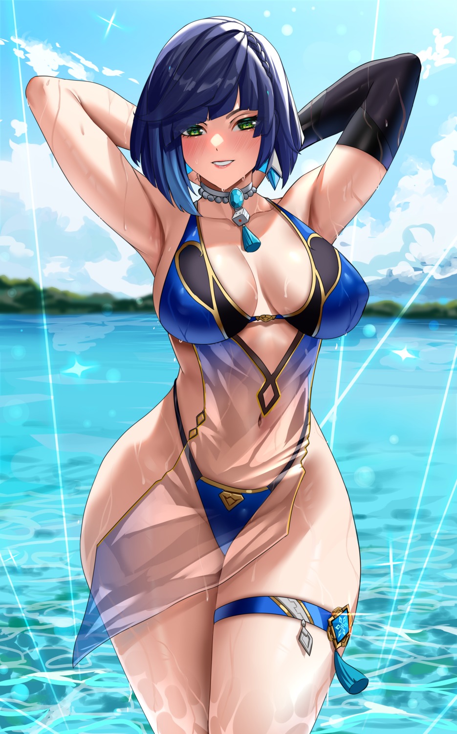 enmanuelart20 garter genshin_impact see_through swimsuits wet yelan