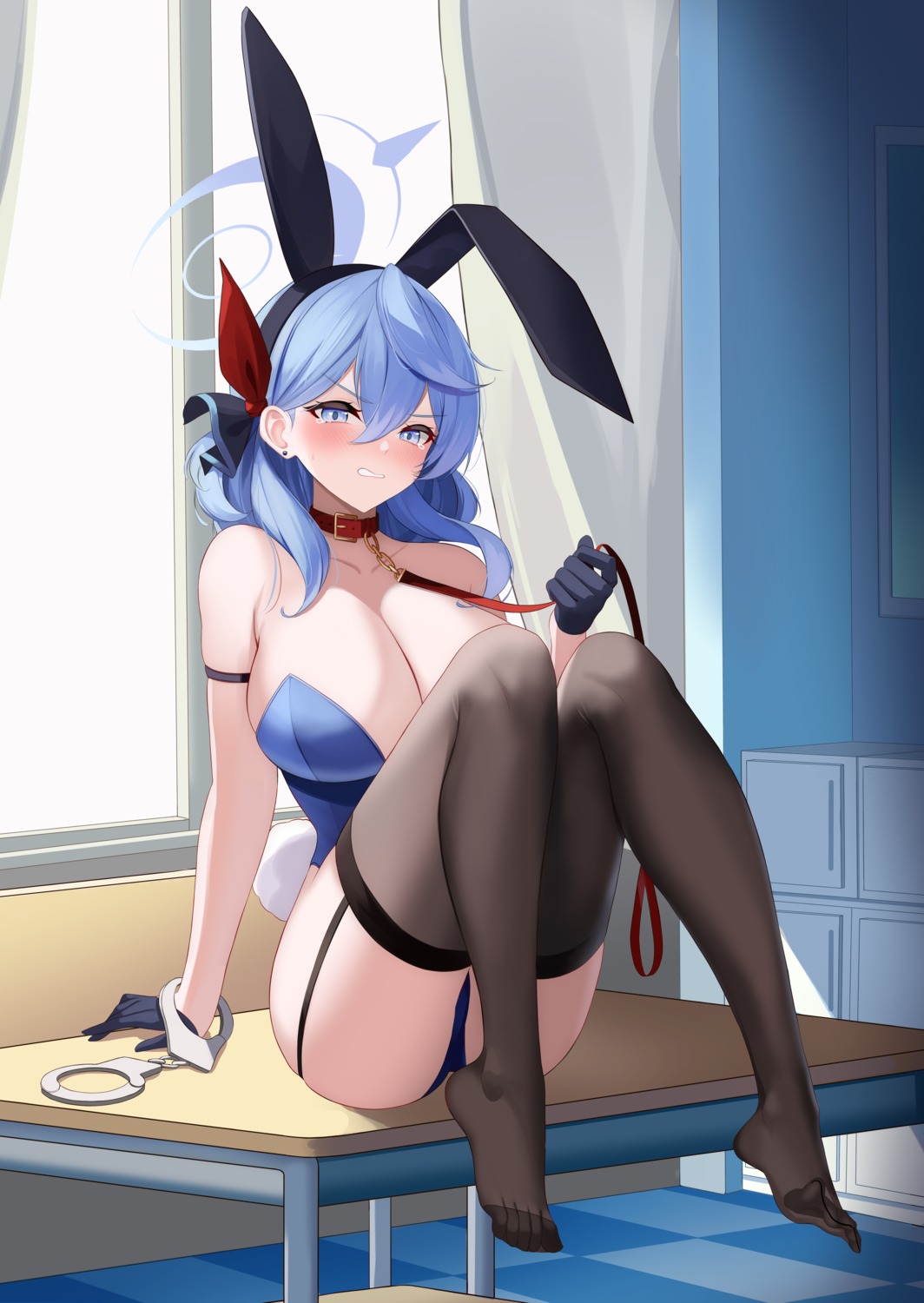 amau_ako animal_ears blue_archive bunny_ears bunny_girl halo jayamon no_bra stockings tail thighhighs