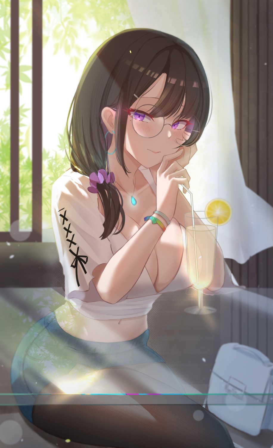 can_zhu megane no_bra open_shirt pantyhose