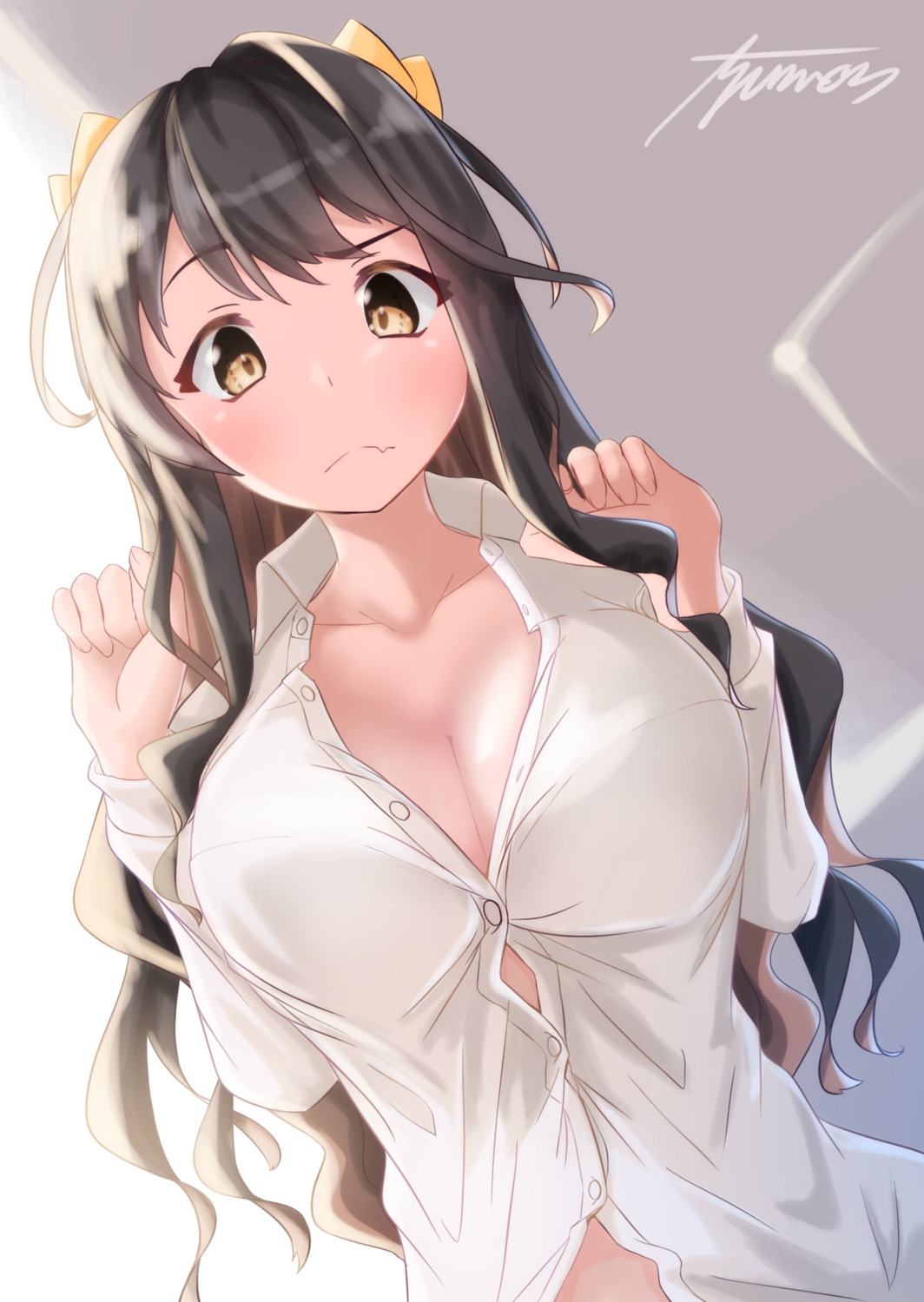 ayuman dress_shirt kantai_collection naganami_(kancolle) no_bra open_shirt