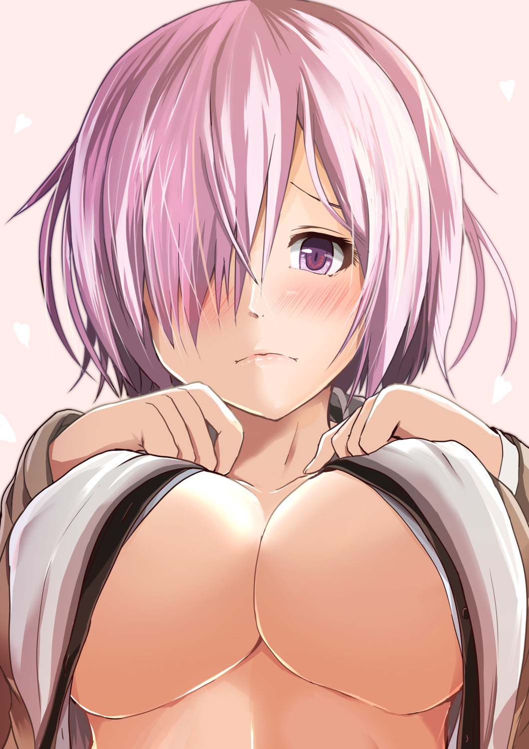 breast_hold fate/grand_order kanzaki_kureha mash_kyrielight no_bra open_shirt underboob