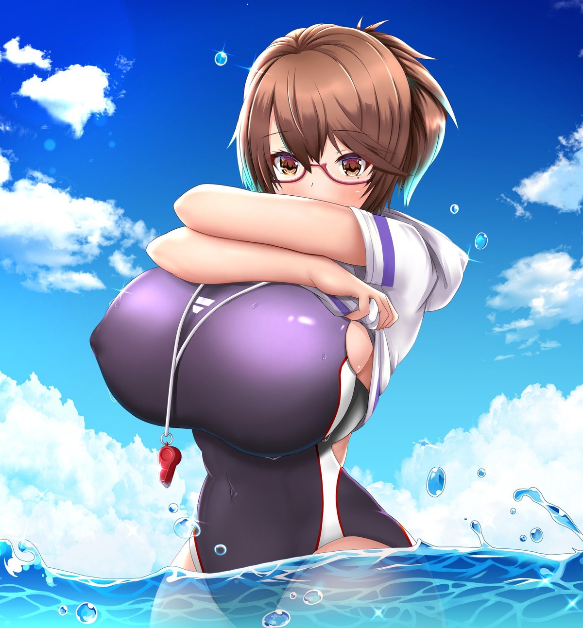 erect_nipples mameneko_(pai) megane swimsuits undressing wet