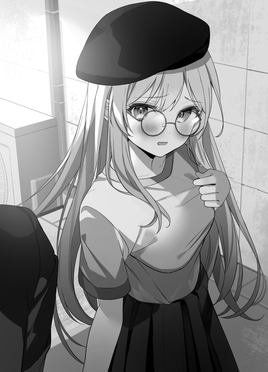 breast_hold kanda_done megane monochrome