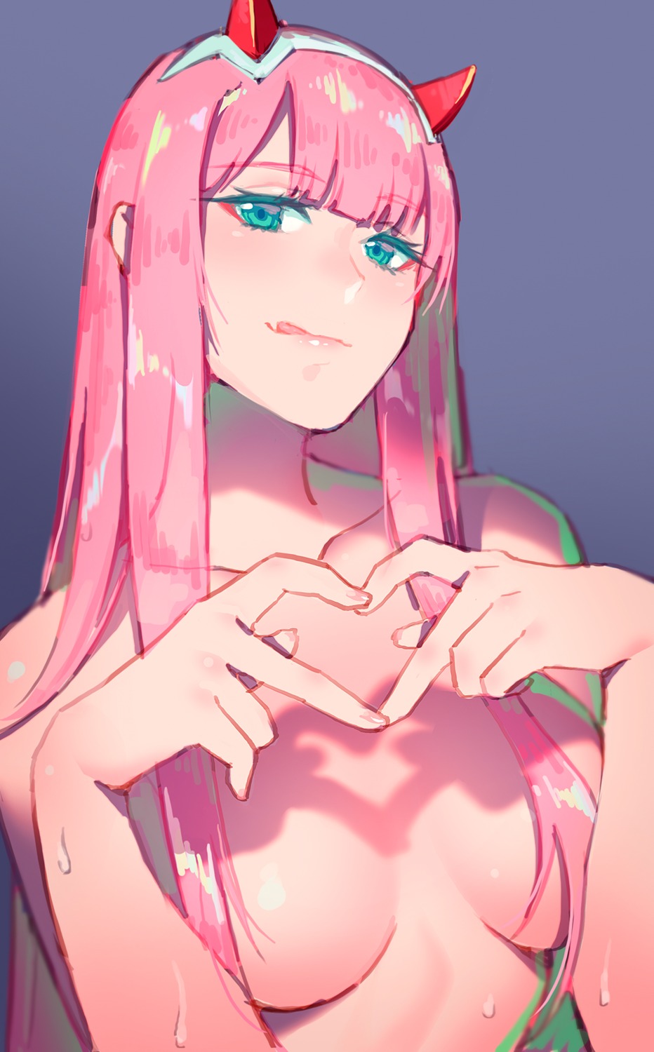 breast_hold darling_in_the_franxx fiodo horns naked zero_two_(darling_in_the_franxx)