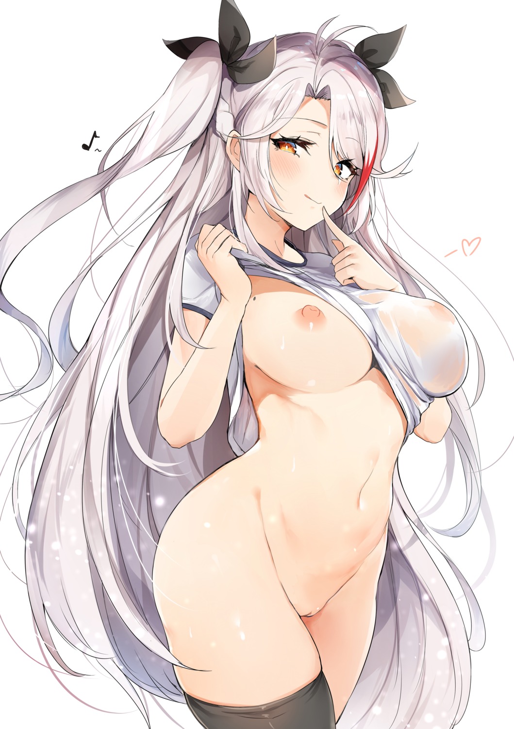 azur_lane bottomless breasts gym_uniform mengda nipples no_bra prinz_eugen_(azur_lane) pussy see_through shirt_lift thighhighs uncensored undressing wet_clothes