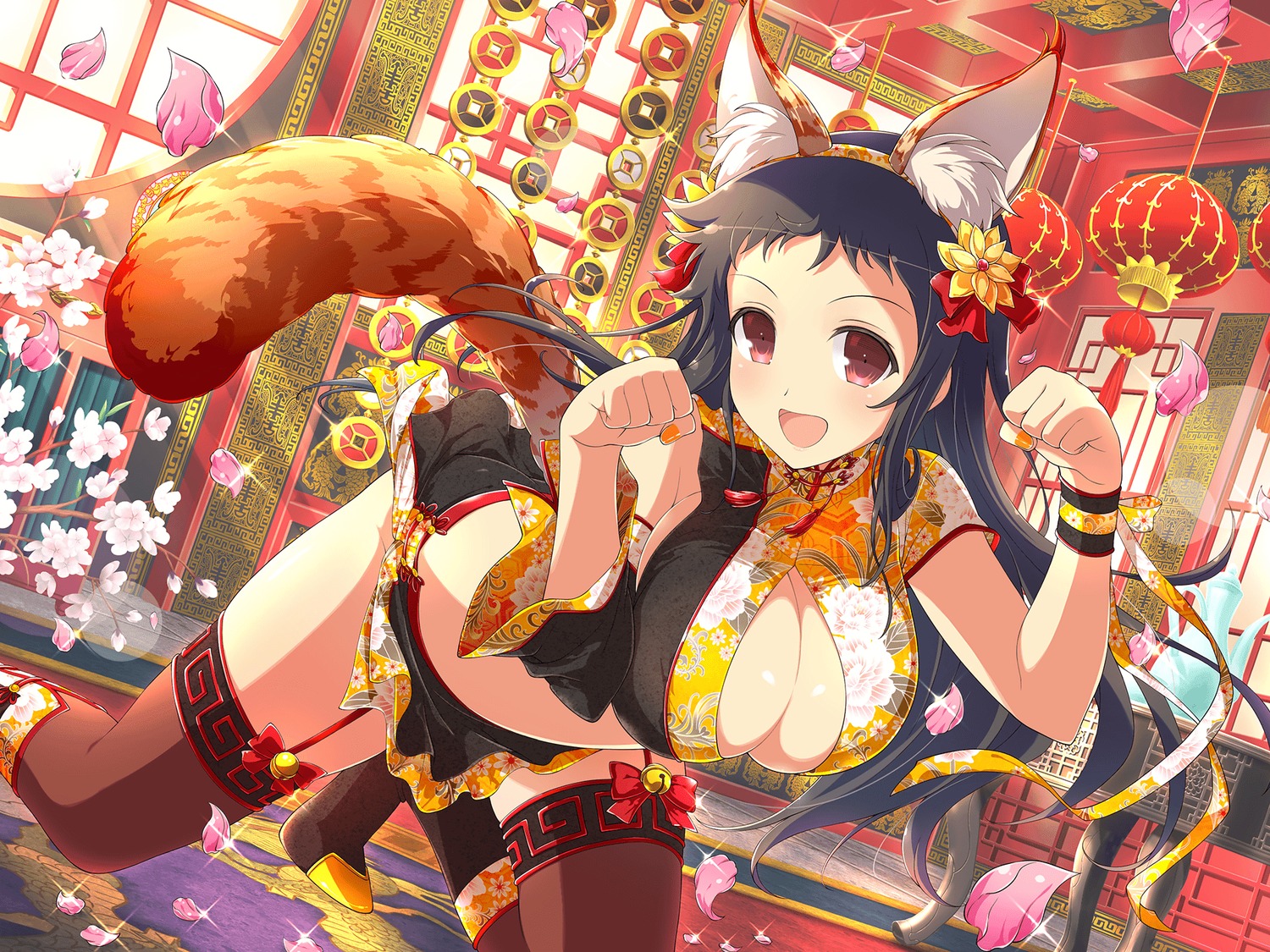 animal_ears asian_clothes ayame_(senran_kagura) no_bra open_shirt senran_kagura senran_kagura:_new_link stockings tail thighhighs yaegashi_nan