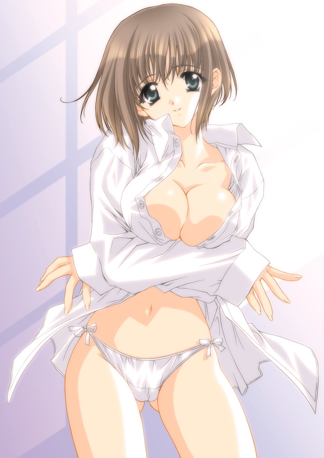 breast_hold carnelian cleavage dress_shirt no_bra open_shirt pantsu string_panties