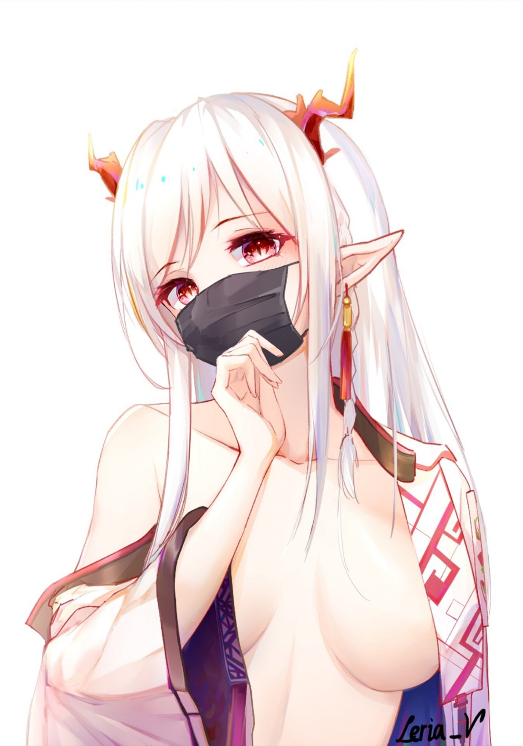 arknights horns japanese_clothes leria_v nian_(arknights) no_bra open_shirt pointy_ears