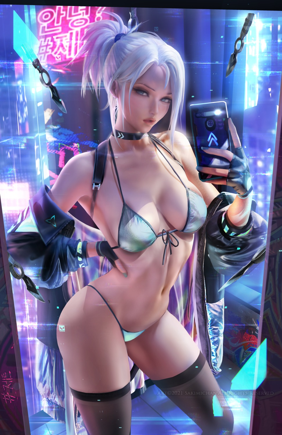 bikini jett_(valorant) sakimichan selfie swimsuits thighhighs thong valorant