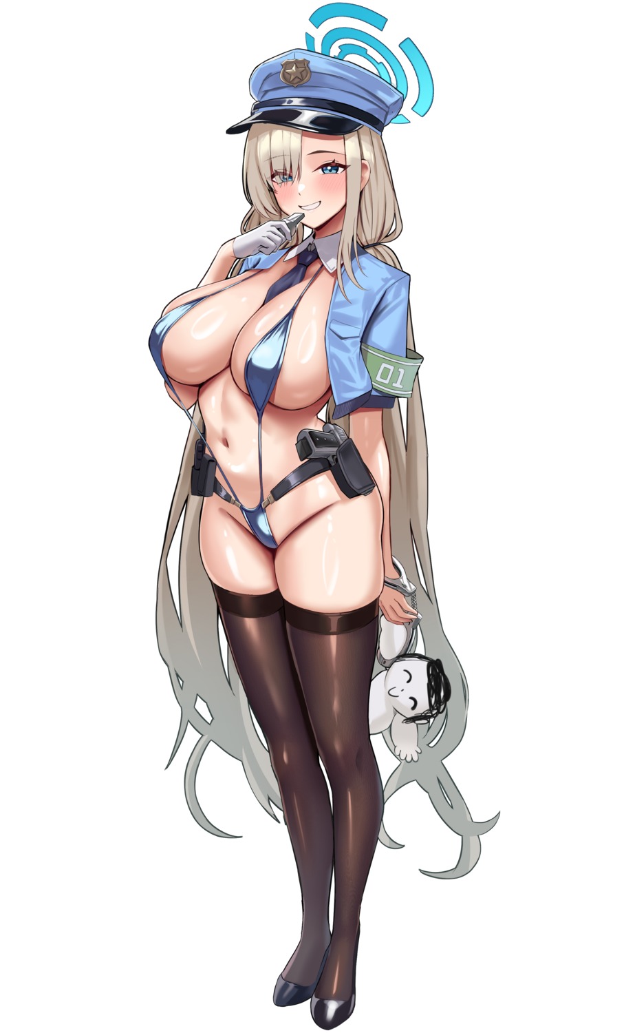 blue_archive gun halo ichinose_asuna onedoo police_uniform sling_bikini swimsuits thighhighs