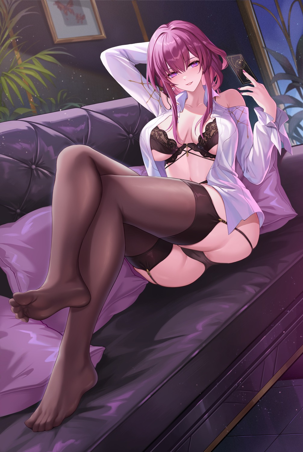 bra cameltoe dress_shirt feet honkai:_star_rail kacyu kafka_(honkai:_star_rail) open_shirt pantsu stockings thighhighs thong