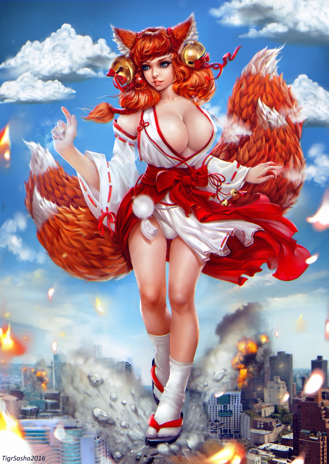 animal_ears cysh erect_nipples kitsune miko no_bra open_shirt pantsu skirt_lift tail tigrsasha