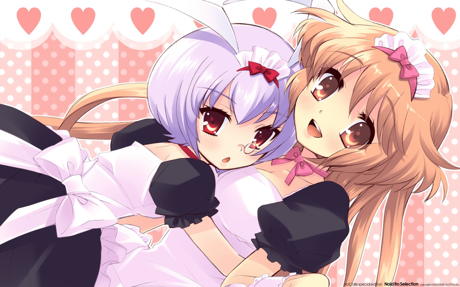 alice_parade animal_ears bunny_ears cleavage hitorimeno_alice ito_noizi maid megane shirousagi_silk unisonshift wallpaper