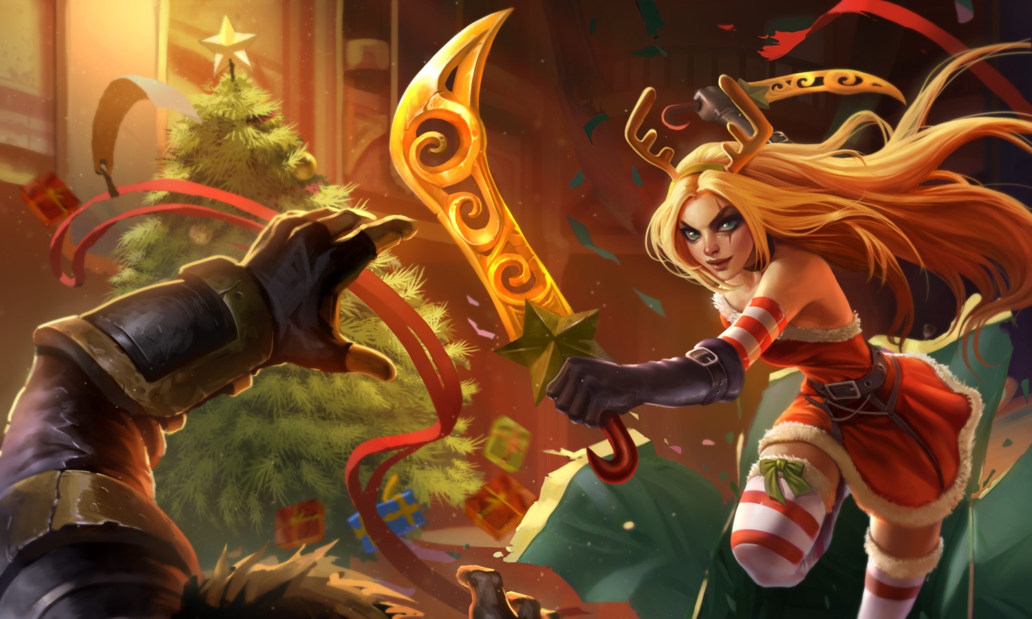 christmas dress horns katarina_du_couteau laura_deyoung league_of_legends sword thighhighs