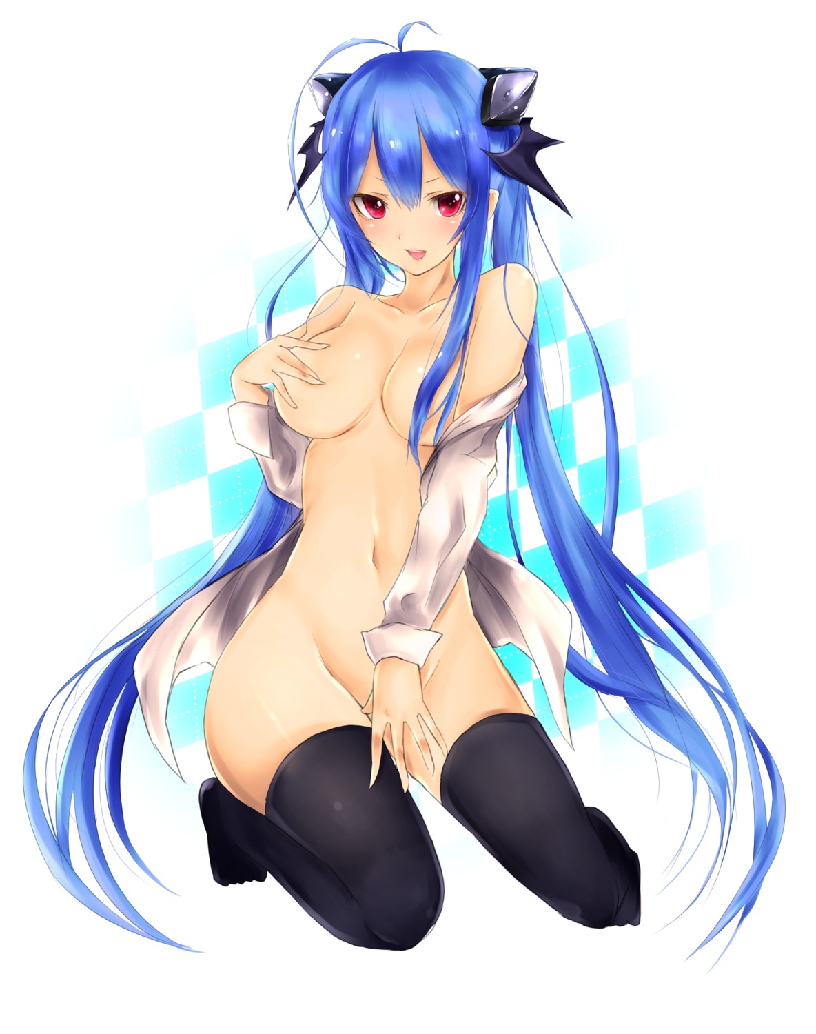 bottomless breast_hold breasts frost_(artist) no_bra open_shirt thighhighs