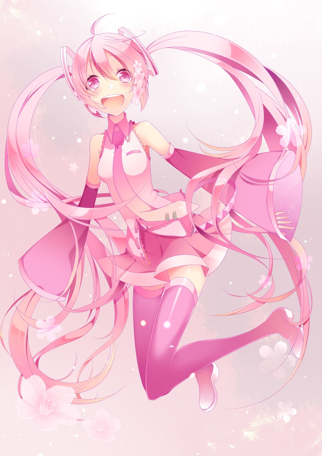 hatsune_miku headphones sakura_miku temari_(artist) vocaloid