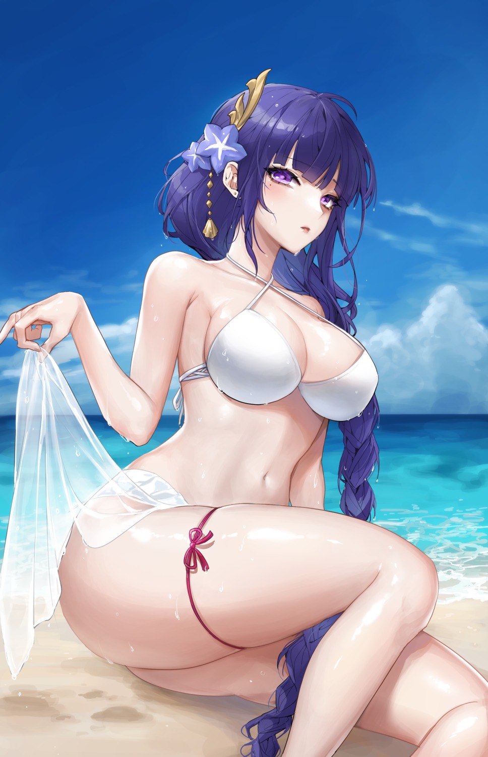 bikini clearpage garter genshin_impact raiden_shogun see_through skirt_lift swimsuits wet