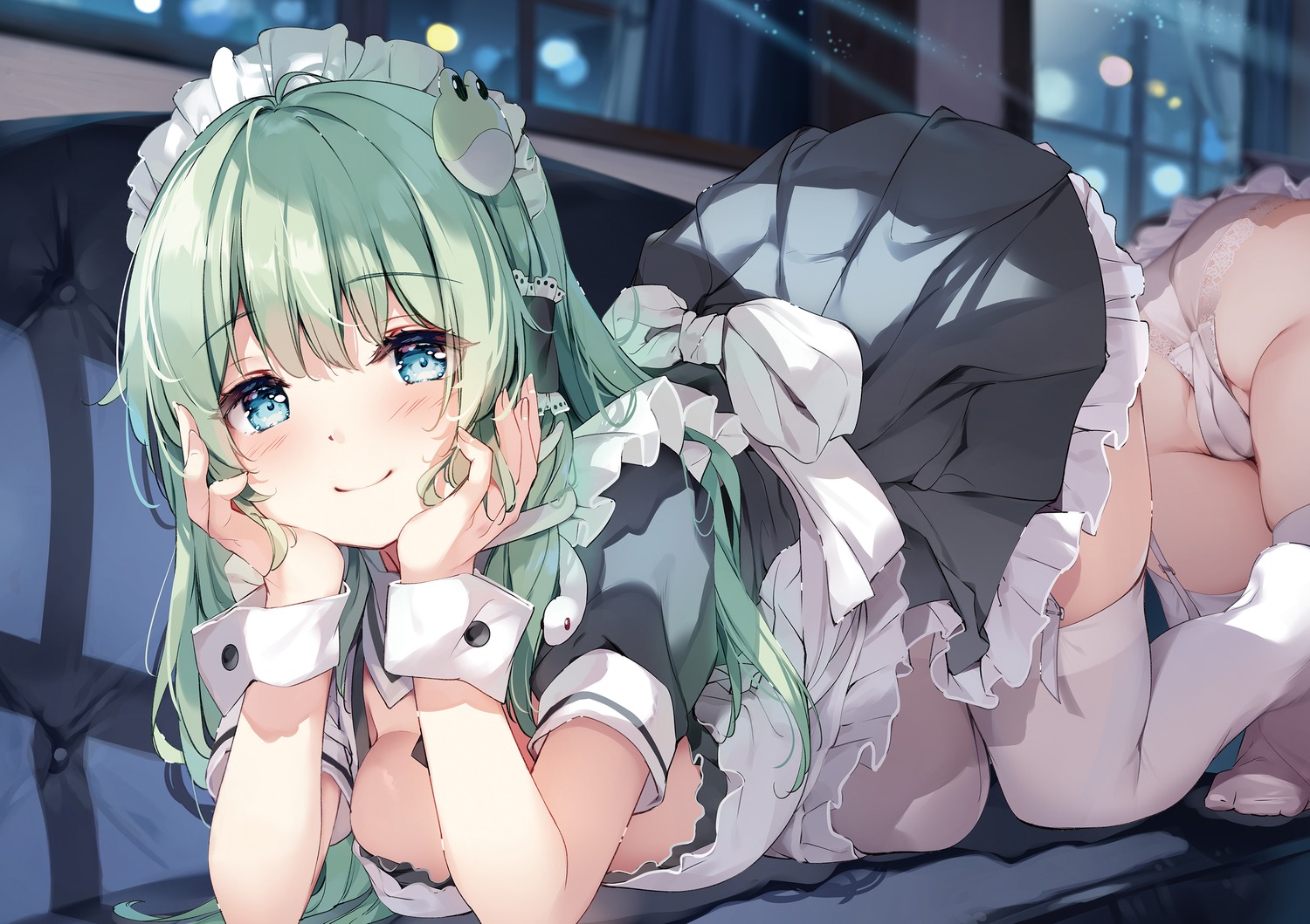 ass cameltoe detexted kochiya_sanae maid miyase_mahiro no_bra pantsu skirt_lift thighhighs touhou