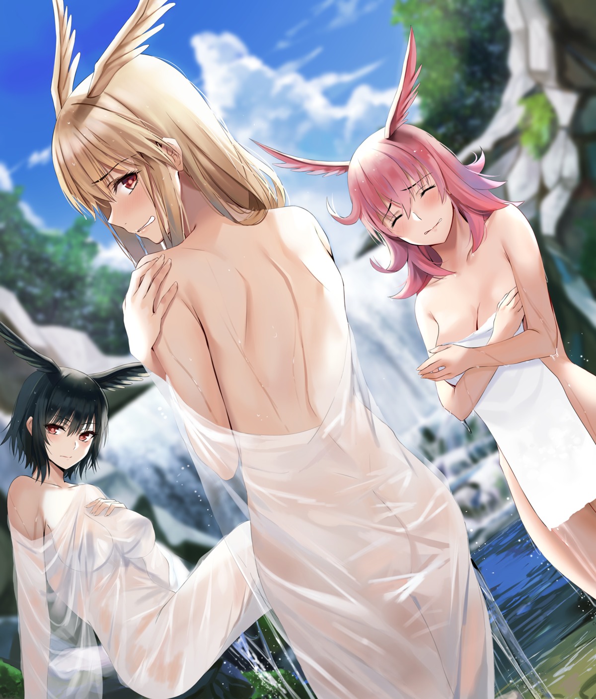 ass breast_hold fate/grand_order hildr_(fate/grand_order) naked nick_(nikek96) ortlinde_(fate/grand_order) see_through thrud_(fate/grand_order) towel valkyrie_(fate/grand_order) wet wings