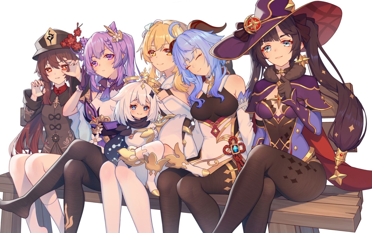 asian_clothes ganyu genshin_impact heiyizhushenxia horns hu_tao keqing leotard lumine mona_megistus no_bra paimon pantyhose thighhighs witch