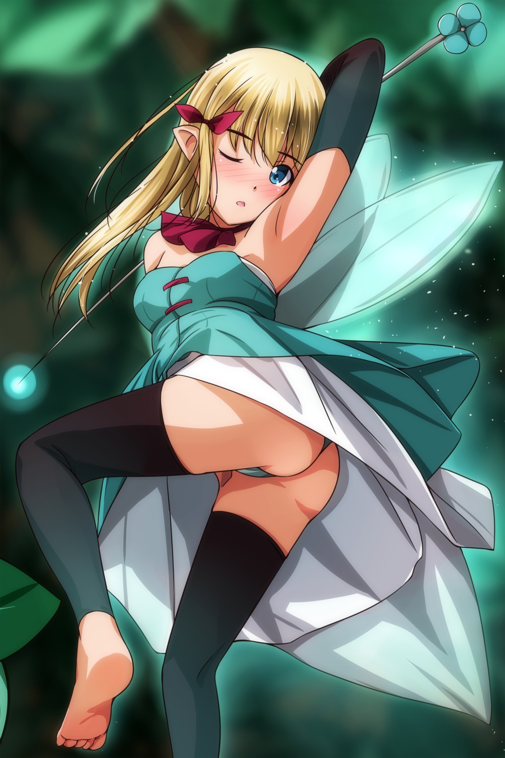 ass dress fairy feet matsunaga_kouyou pantsu pointy_ears skirt_lift thighhighs thong weapon wings
