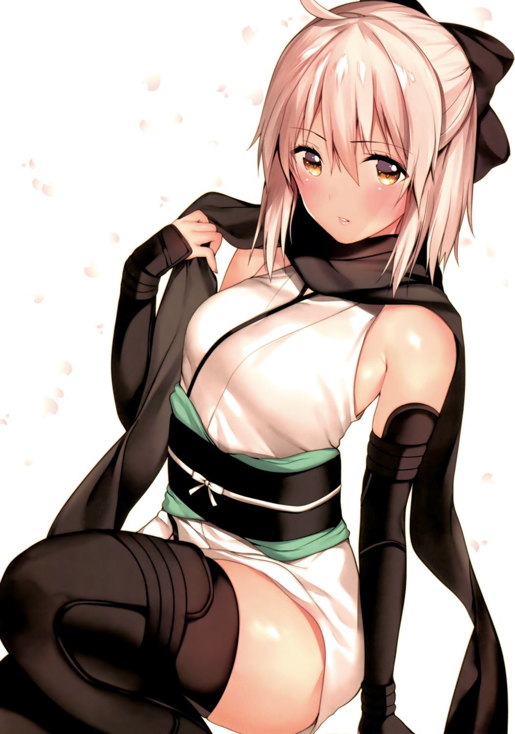 fate/grand_order japanese_clothes matarou okita_souji_(fate) thighhighs