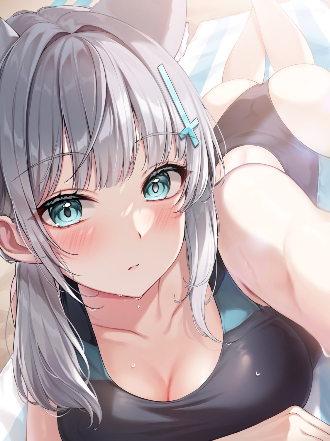 animal_ears blue_archive cleavage halo kuca_(ku_ca18) nekomimi selfie sunaookami_shiroko swimsuits wet