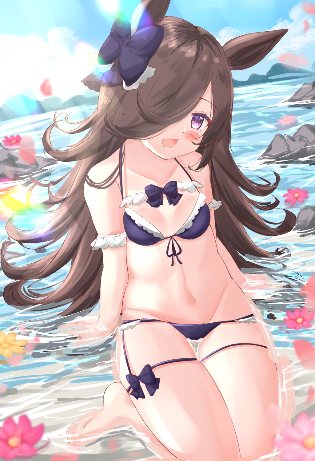 animal_ears bikini garter kanti15 panty_pull rice_shower_(umamusume) swimsuits uma_musume_pretty_derby wet