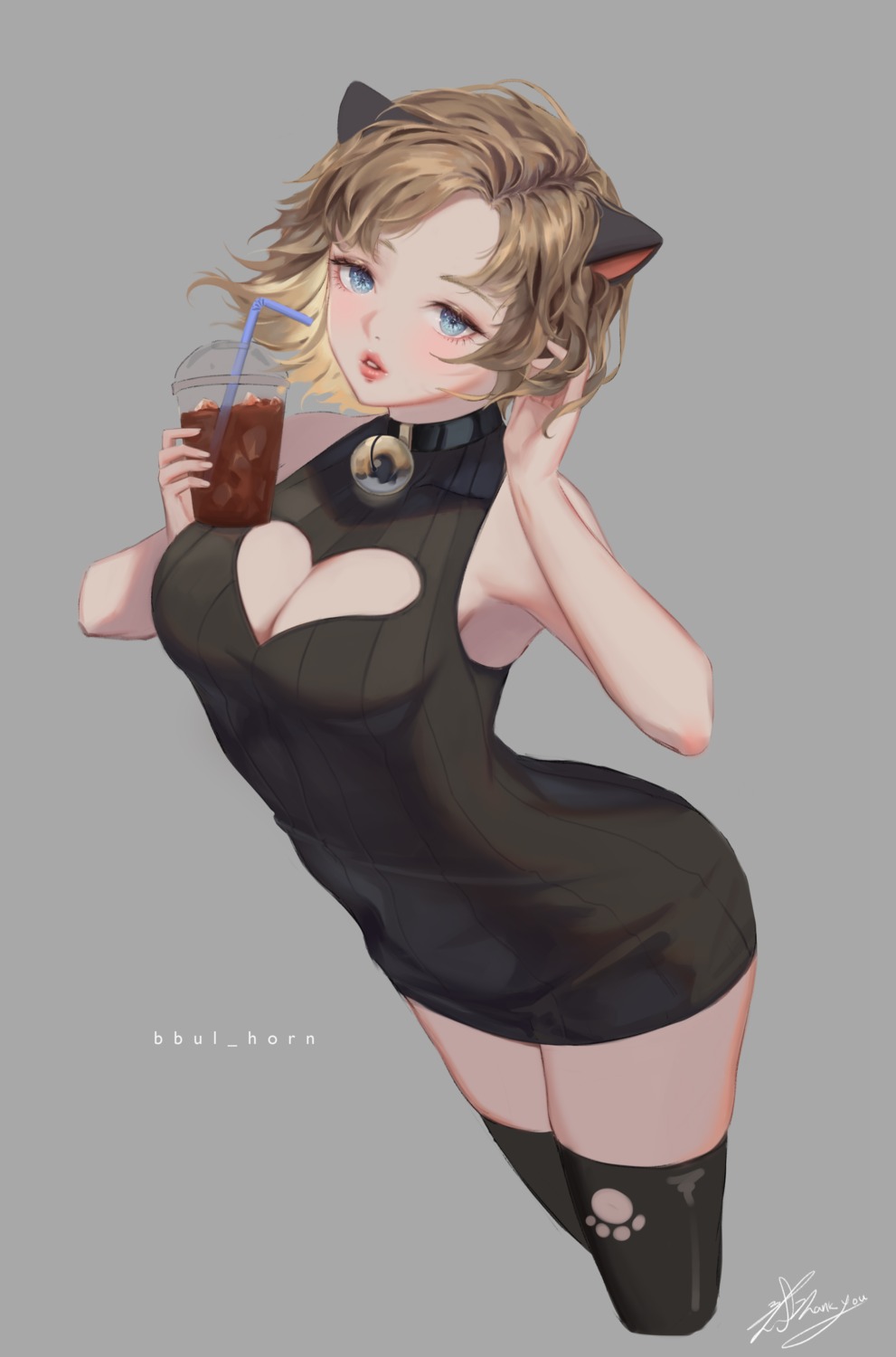 animal_ears bbul_horn dress no_bra sweater thighhighs