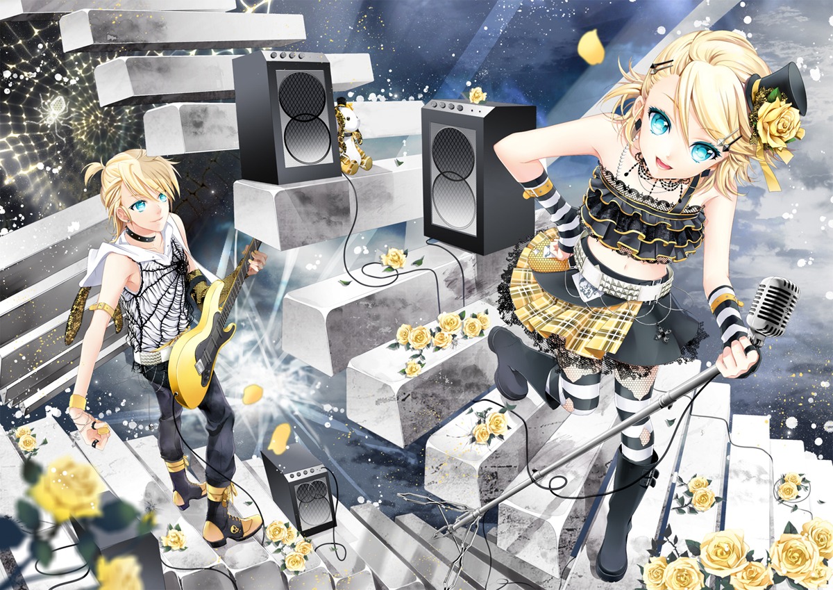 cocoon_(loveririn) guitar kagamine_len kagamine_rin thighhighs vocaloid