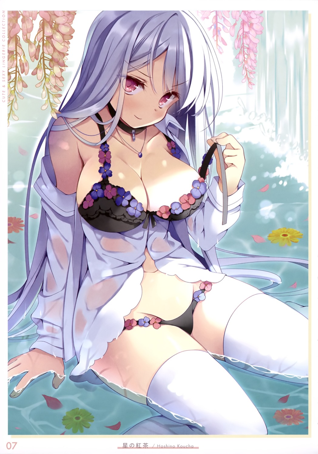 bra dress_shirt hoshino_koucha open_shirt pantsu see_through thighhighs undressing wet wet_clothes