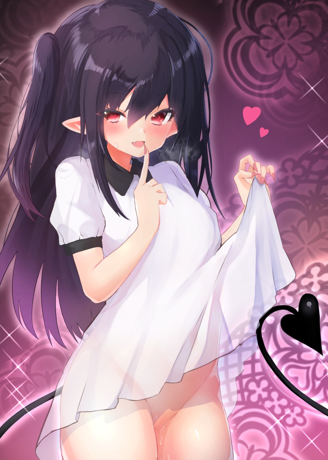 bottomless censored loli mizuno_tera pointy_ears pussy pussy_juice see_through shirt_lift tail