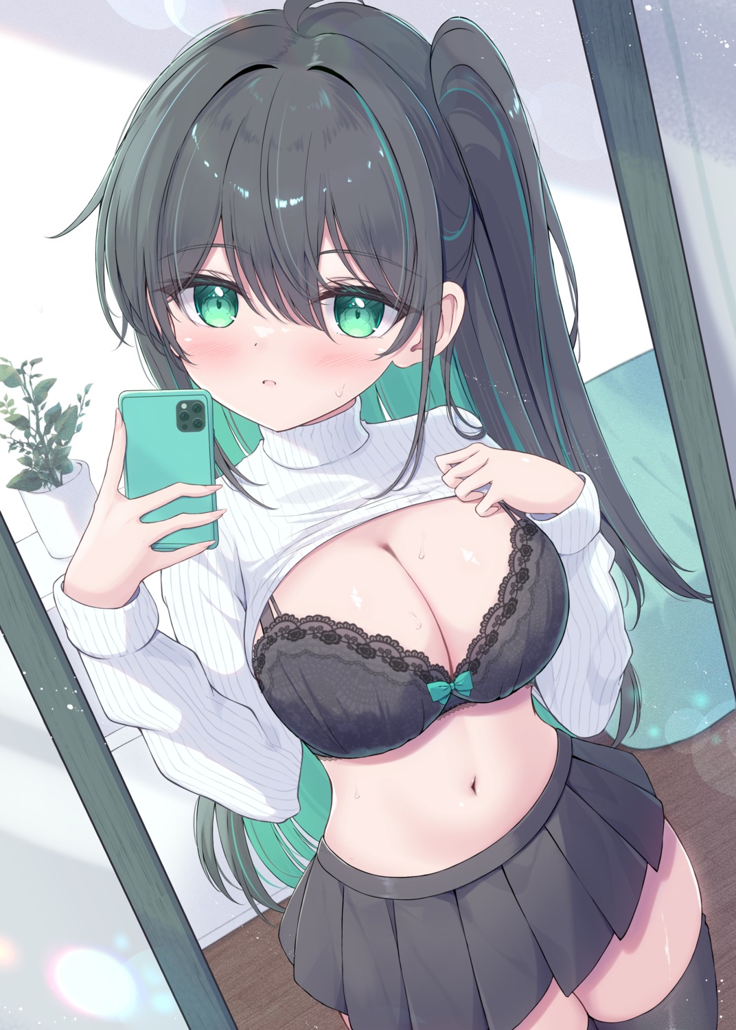 bra mikaze_maruto selfie shirt_lift sweater thighhighs