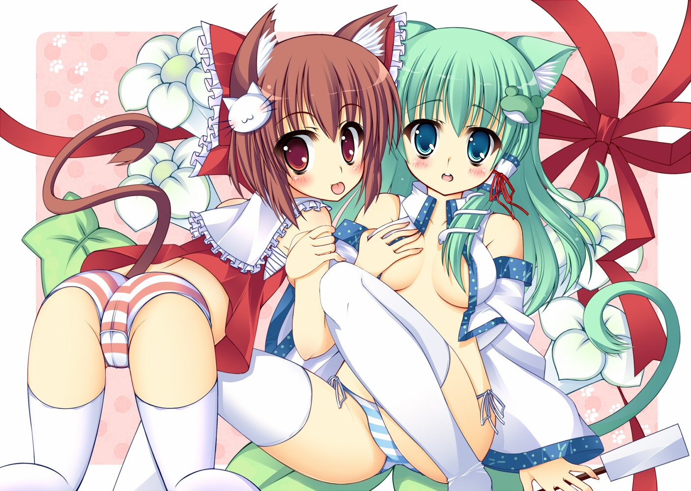 animal_ears ass breast_grab cameltoe hakurei_reimu kochiya_sanae no_bra ojitea pantsu shimapan tail thighhighs touhou