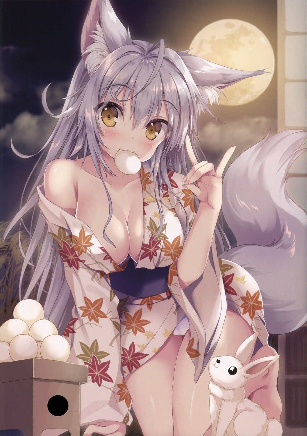 animal_ears cameltoe japanese_clothes kitsune no_bra pantsu tail tateha