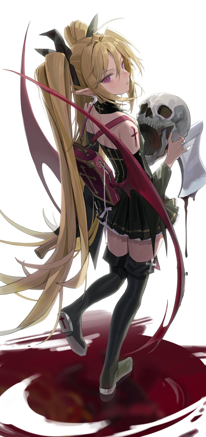 blood dress freng no_bra pointy_ears tattoo thighhighs weapon wings
